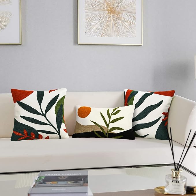 Merrycolor Boho Decorative Throw Pillow Covers 18x18 Tufted Abstract Mid Century Modern Pillow Covers Aesthetic Boho Pillows Decorative Pillows for Bed Couch Sofa Living Room Dark Green Orange(B)
