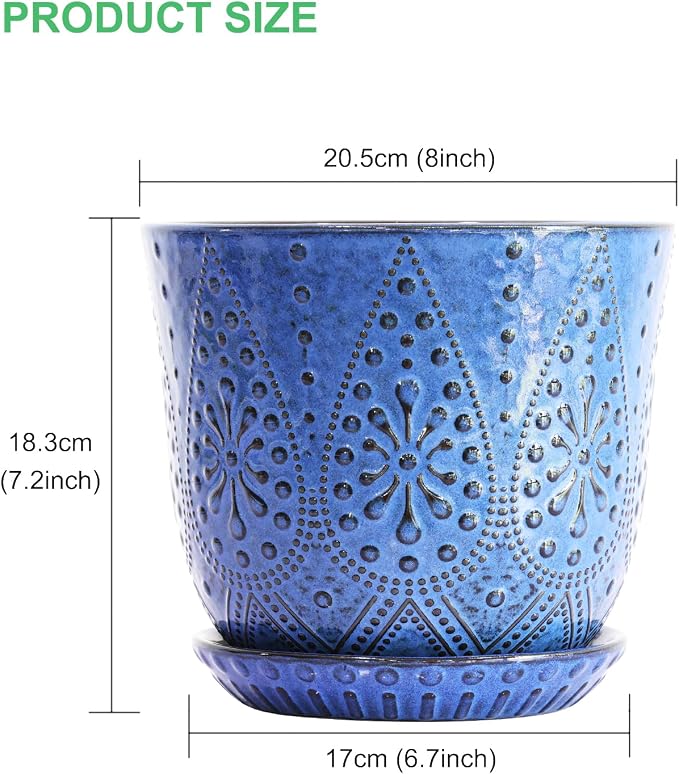 Gepege 8 Inch Ceramic Plant Pot with Drainage & Saucer | Large ceramic plant pot with drainage hole, ceramic saucer and mesh pad, ideal for indoor plants, flowers and houseplants