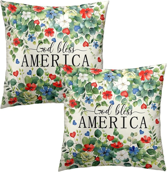 4th of July Pillow Covers Patriotic God Bless America Throw Pillow Covers 18 x 18 Eucalyptus Leaf with Red White Blue Flower Pillow Cases Memorial Day Cushion Case for Home Sofa 2Pcs