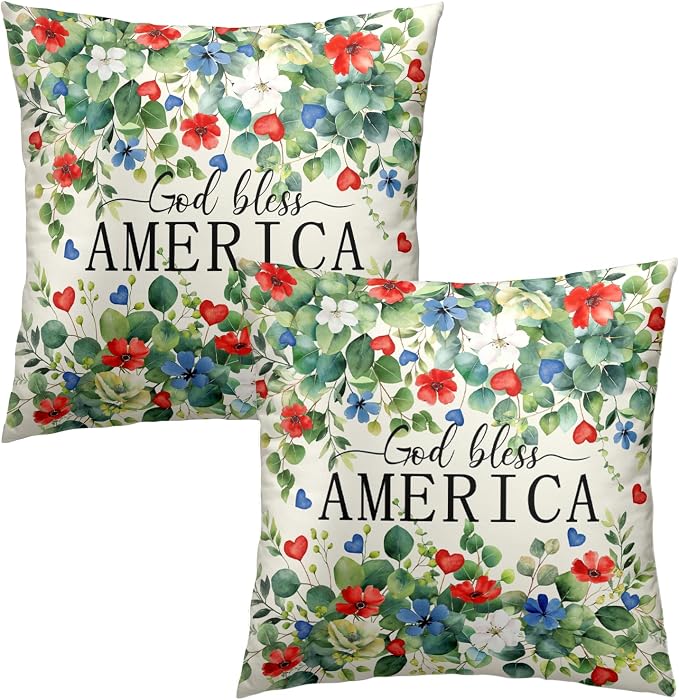 4th of July Pillow Covers Idependence Day Throw Pillow Covers 22x22 Red White Blue Flower Pillow Cases Eucalyptus Leaf Patriotic Cushion Cases for Home Bedroom Living Room 2 Pack