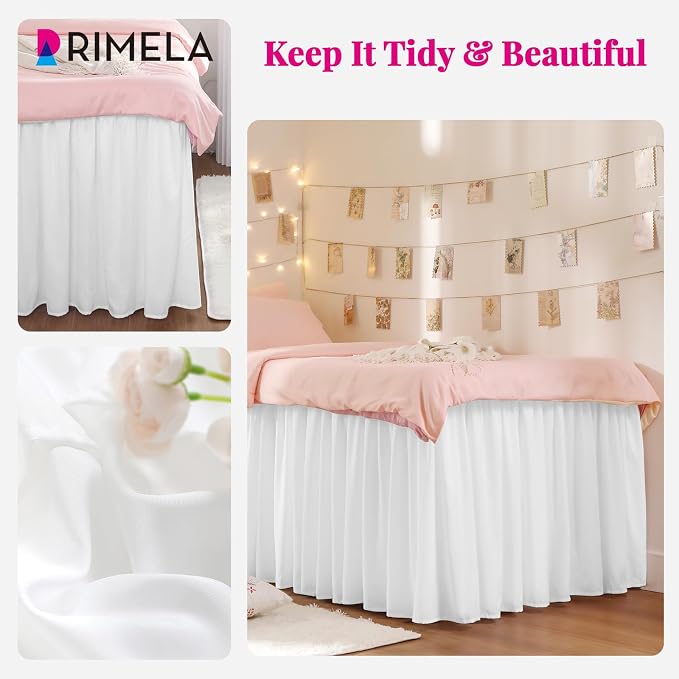 Dorm Bed Skirt Twin XL 22" Drop, College Dorm Room Essentials, White | Solid ruffled, Wrap-around/elastic, Wrinkle & Fade resistant, with Adhesive Strips, Gift Packed, Machine Wash/Dry/Iron