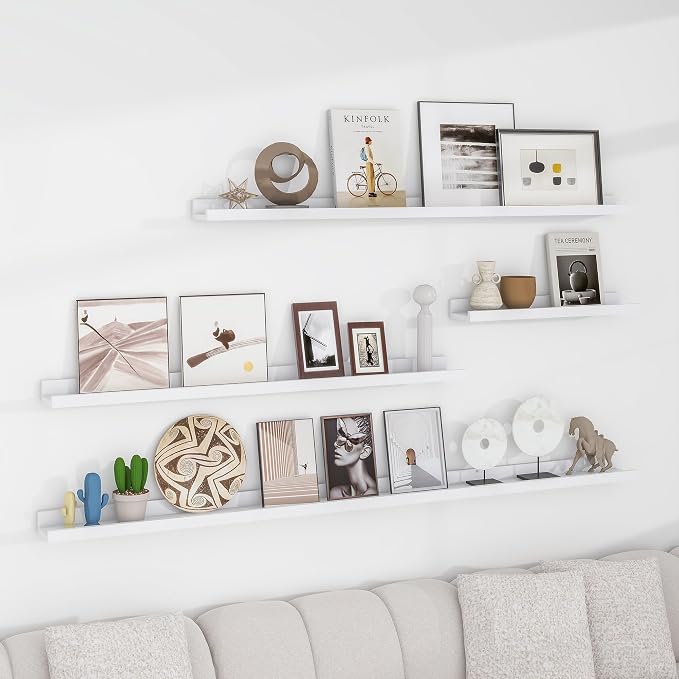 FLYJOE Picture Ledge Shelf for Wall, 24 inch Solid Ash Wood Nursery Book Shelves 2 Packs, Floating Shelves for Kids' Room Bedroom Bathroom Living Room Photo Frames Office Nursey Wall Decor, White
