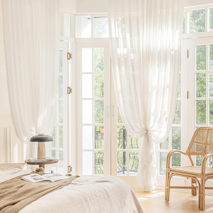 FMFUNCTEX Beige Linen Sheer Curtains, 84 Inches, 2 Panels for Bedroom | Natural Semi Sheer Drapes, Flax Linen, Rod Pocket, Light Filtering, Farmhouse French, Kitchen, Privacy, for Living Room