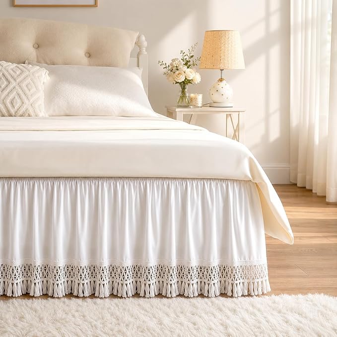 Tassel Trim Bed Skirt Queen 15" Drop, Elastic Wrap Around Bedskirt | Solid Ruffled, Easy to Use, No Mattress Lifting, Wrinkle & Fade Resistant, with Adhesive Strips, Machine Wash/Dry/Iron