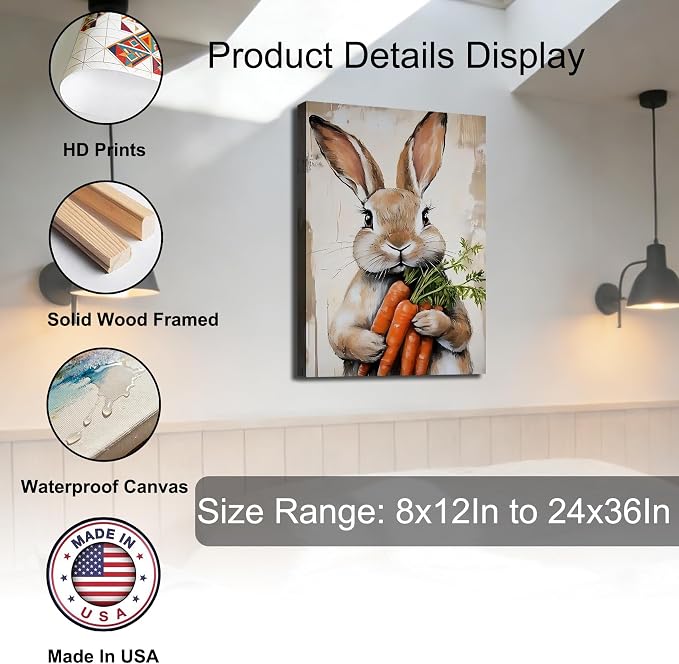 RIBNTAK Large Easter Bunny Carrot Canvas Wall Art 20x30, Framed Cute Rabbit Prints Picture for Living Room, Rustic Farmhouse Spring Wall Decor, Kids Room Holiday Easter Decoration