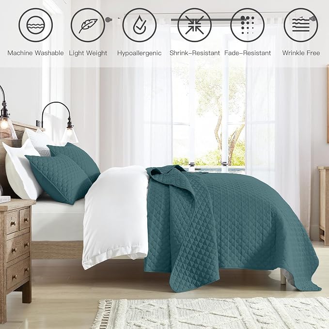 HORIMOTE HOME Quilt Queen Size Teal Blue, Lightweight Quilts for Summer Ultra-Soft Microfiber Modern Style Quilted Clouds Pattern Bedspread Quit Set 3 Pieces(1 Quilt and 2 Pillow Shams)