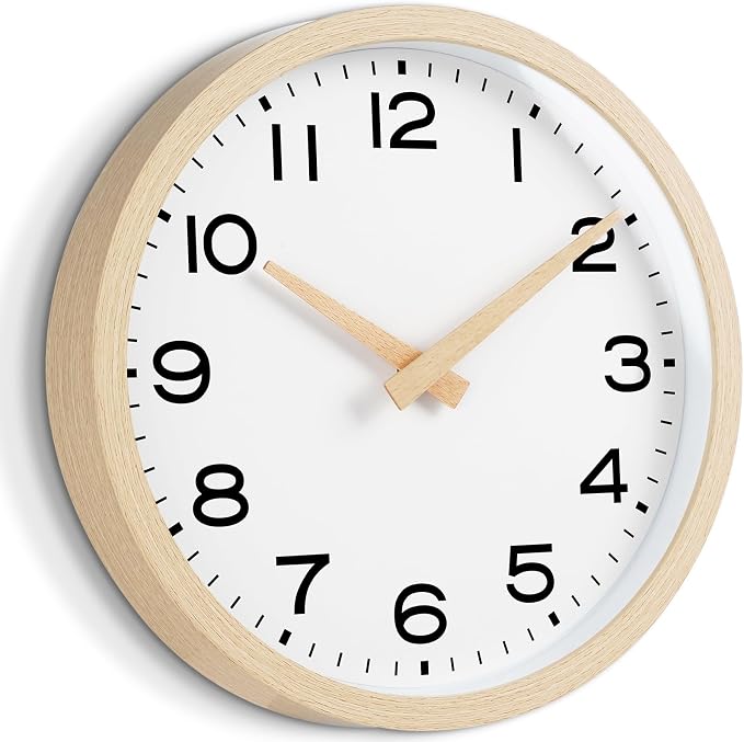 AKCISOT 12 Inch Wall Clock, Silent Battery Operated Analog Clock, Natural | Office | Kitchen | Living Room | Classroom | Easy-to-read Numbers