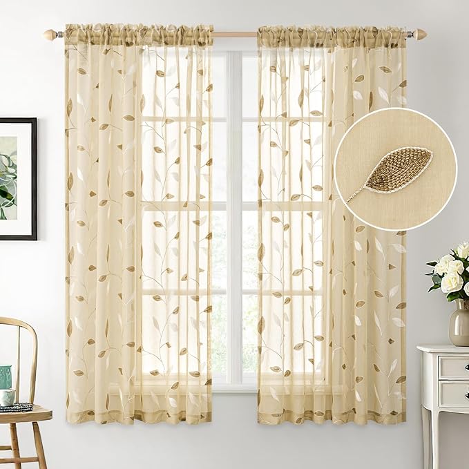 MIULEE Beige Sheer Curtains 2 Panels Embroidered Leaf Patterned, W52 x L63 | Embroidered Floral Semi Sheer,Rod Pocket,Faux Linen,Short Window Curtains Drapes Set for Kitchen/Bathroom/Cafe