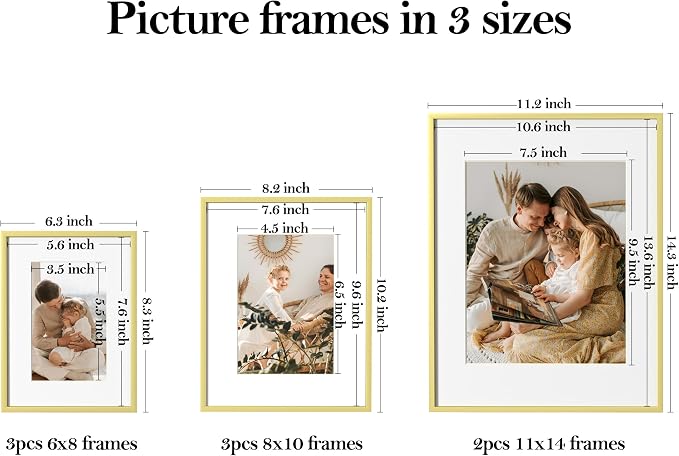 eletecpro Aluminum Gallery Wall Frame Set of 8 with Glass Cover, Gold | Including 2Pcs 11x14, 3Pcs 8x10, 3Pcs 6x8 Photo Frames, Multiple Sizes Picture Frames Collage Wall Decor or Tabletop Display