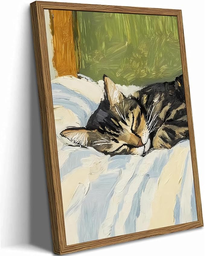 Cute Cat Wall Art, Vintage Tabby Cat Sleeping in Bed Wall Decor Painting, Funky Tabby Cats Pet Pictures Funny Animal Poster Canvas Prints, for Living Room Bedroom 16x24 inch Wood Framed