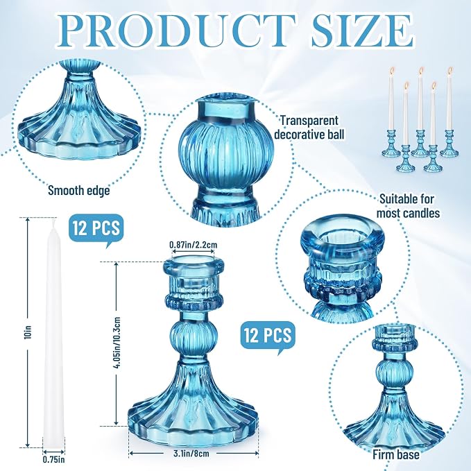 24 Pcs Glass Candle Holder Set 12 Candlestick White Candles,Blue | Clear Glass Holders with Taper Candles for Wedding Party Dinner Table Centerpiece, Elegant Classic Design Event Decor