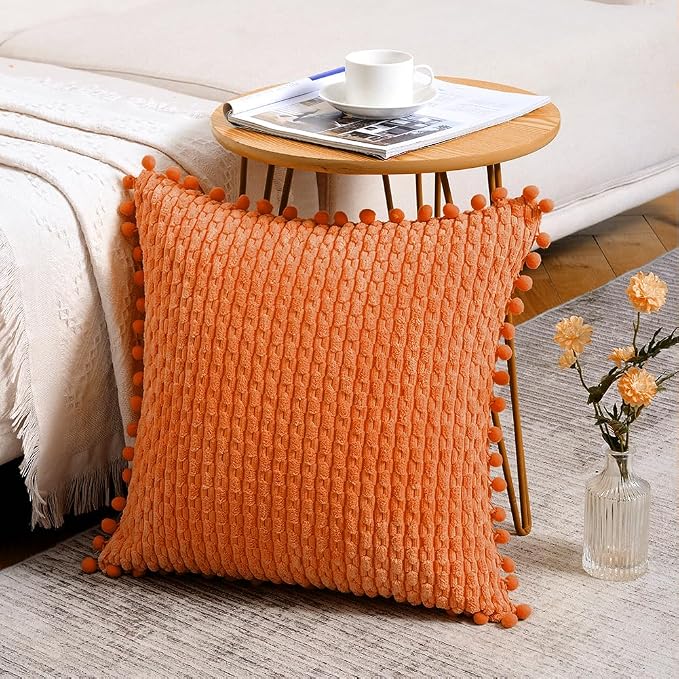 Fancy Homi Set of 2 Orange Fall Decorative Throw Pillow Covers 18x18 Inch with Pom-poms for Couch Bedroom, Halloween Pumpkin Autumn Home Decor, Soft Plush Corduroy Cute Cushion Case 45x45 cm