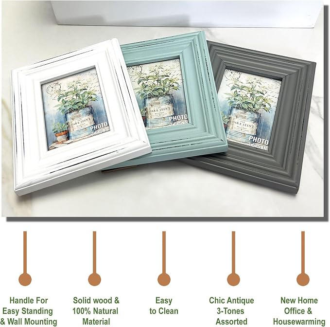 EXQUIDECA Chic Vintage 3.5x5 Inches Wooden Picture Frame Pack of 3 Farmhouse Aqua Grey White - Rustic Thick Wood High Definition Glass Photo Frame Outside 6.1x7.7 Inches