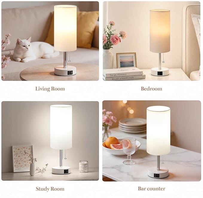 White Bedside Table Lamp for Bedroom - Small Nightstand Lamp for Girls