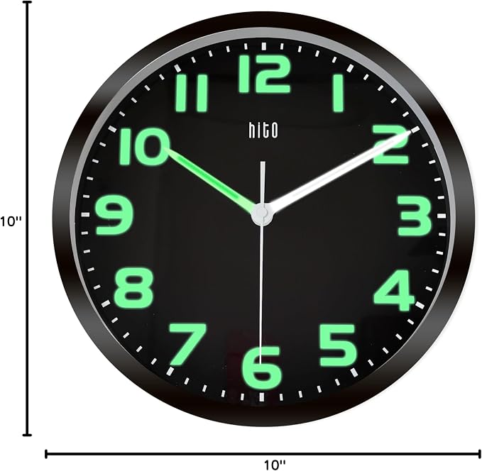 HITO 10 Inch Night Light Wall Clock Battery Operated Brightness Adjustable, Black Metal Frame, Glass Cover(Hands + Numbers Illuminate)