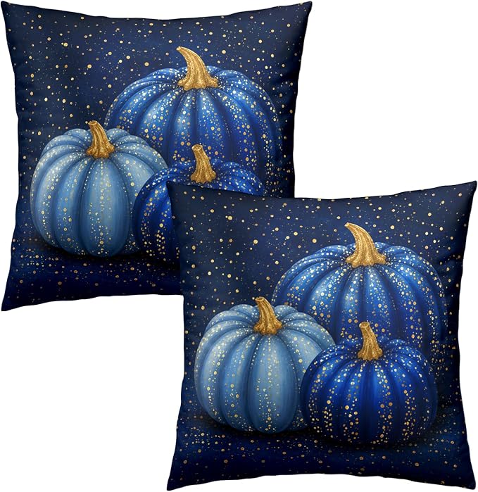 Fall Pillow Covers Autumn Blue Pumpkin Throw Pillow Covers 24x24 Set of 2 Thanksgiving Pillow Cases Harvest Gold Dotted Pumpkins Cushion Cases for Home Farmhouse Sofa Couch