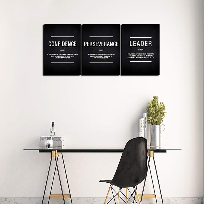 KAWAHONE Motivation Wall Poster Framed, Inspirational Leader Confidence Perseverance Quotes Canvas Wall Art Positive Picture Background Success Wall Hanging for Home Office Workplace 12" Wx16 Hx3Pcs