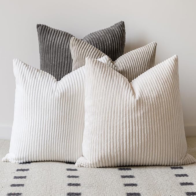 LANANAS Decorative Corduroy Throw Pillow Covers 18x18 Inch Neutral | Set of 4 Neutral Couch Farmhouse Boho Throw Pillows for Living Room, Couch, Bed, Sofa Soft Accent Home Decor