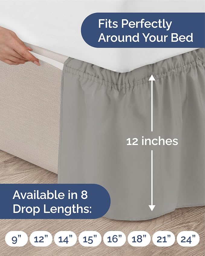Wrap Around Dust Ruffle Bed Skirt - College Dorm Room - Twin/Twin XL | Light Grey, 12 Inch Drop, Elastic Strap & Adjustable Pleated Bedskirt, Wrinkle Free, for Women, Men, Students, Kids & Teens