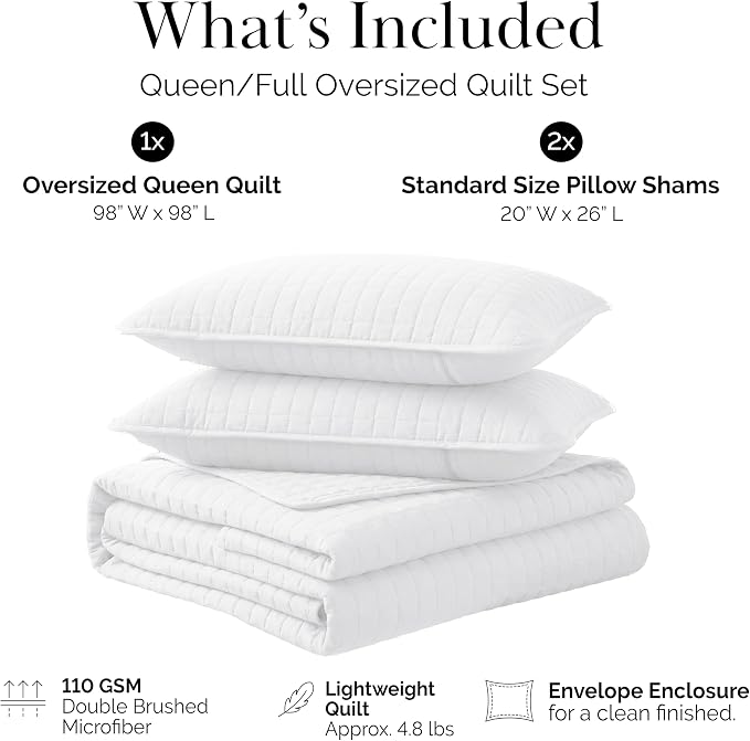 Southshore Fine Living, Inc. White Queen Quilt Bedding Set, Lightweight Bedding Quilts Queen Size Bedspread, Coverlet Full Size, Quilted Coverlet Bed Spread w/Pillow Shams, White Quilts Full Size