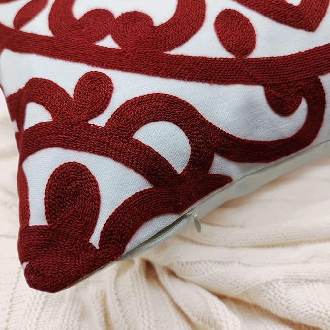 Alysheer Embroidered Decorative Throw Pillow Covers 18"x18" Set of 2 Pieces, Cozy Warm Boho Mandala Knit Pattern, Durable 100% Cotton Canvas Cushion Cases for Sofa Couch Living Room(Burgundy Red)