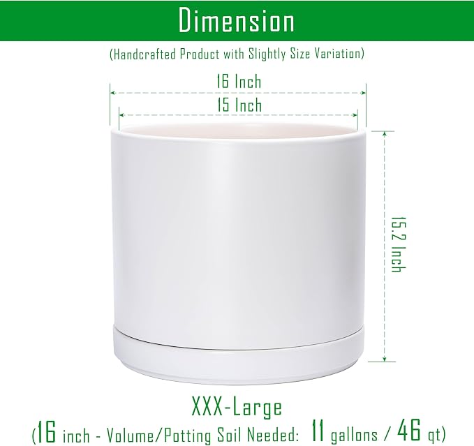 D'vine Dev 16 Inch Ceramic Planter Pot, White, 94-O-H-1 | Modern Cylinder Design, Drainage Hole & Saucer Included, Stable Structure, Elegant Home Accent