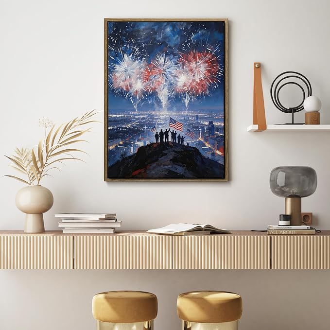 American Flag Framed Canvas Wall Art, 4th of July Patriotic Canvas Prints | Fireworks City View Poster Print, Modern Independence Day Wall Decor for Bedroom Living Room Office 6×8in
