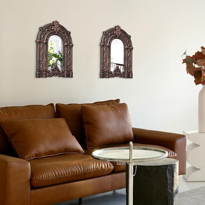 2 Set Wood Carved Window Mirrors 3D Relief Arched Wall Decor Roman Column Antique Home Accent Small Decorative Mirrors for Living Room, Bathroom, Entryway