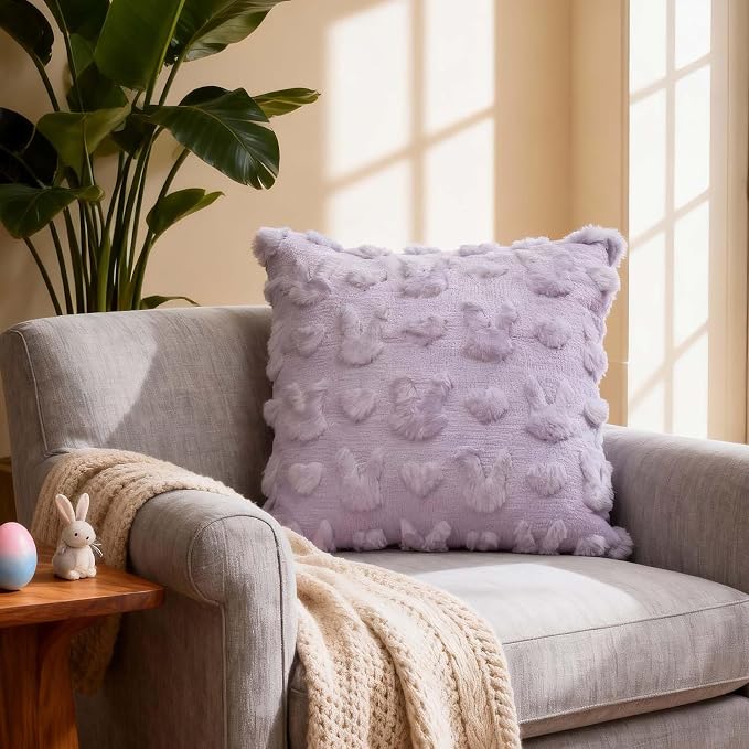 ONFAON Easter Decorations-Easter Day Pillow Covers, Set of 2 Soft Plush Short Wool Velvet Purple Throw Pillow Covers Farmhouse Seasonal Cushion Case Decoration for Sofa Couch 18 x 18 Inch