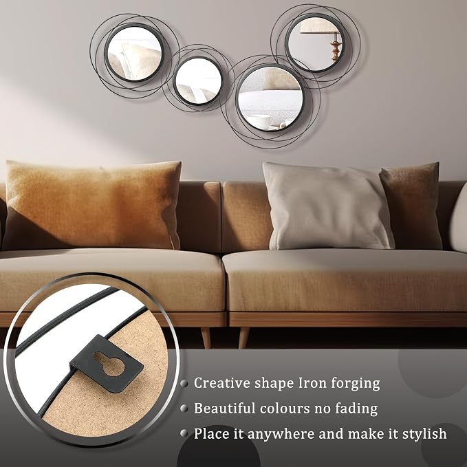 Hicarer 4 Pcs Decorative Round Modern Circle Mirror Wall Art Ring Metal Mirror Wall Mounted for Bedroom, Living Room, Entryway, Dining Room, Hallway (Black)