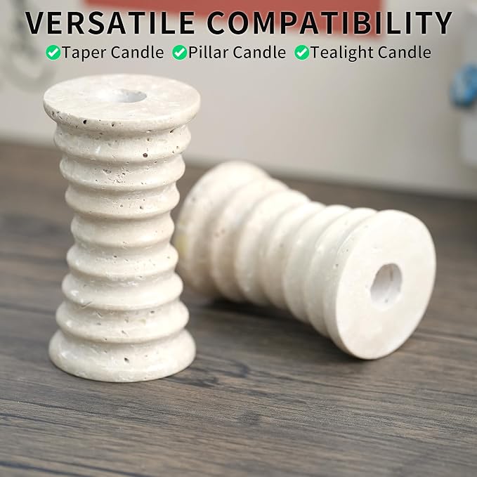 Travertine Marble Candlestick Holders - Set of 2 Stone Candle Sticks Holder Decor, Decorative Modern Candle Stands Multi-Purpose for Taper/Pillar/Tealight/Scented Candles
