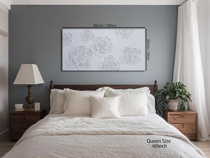 Arjun Flower Canvas Wall Art Hand Painted Framed Living Room Bedroom Decor | Textured Painting Elegant Modern White Floral Minimalism Picture for Home Office Wall Décor Large 40"x20" Horizontal Vertical