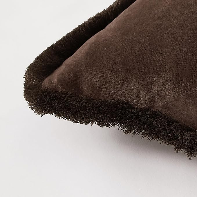 JUSPURBET Pack of 2 Coffee Decorative Fringe Velvet Throw Pillow Covers 16x24 for Home Decor Living Room Bedroom Car Boho Soft Cushion Cover with Hidden Zipper Machine Washable