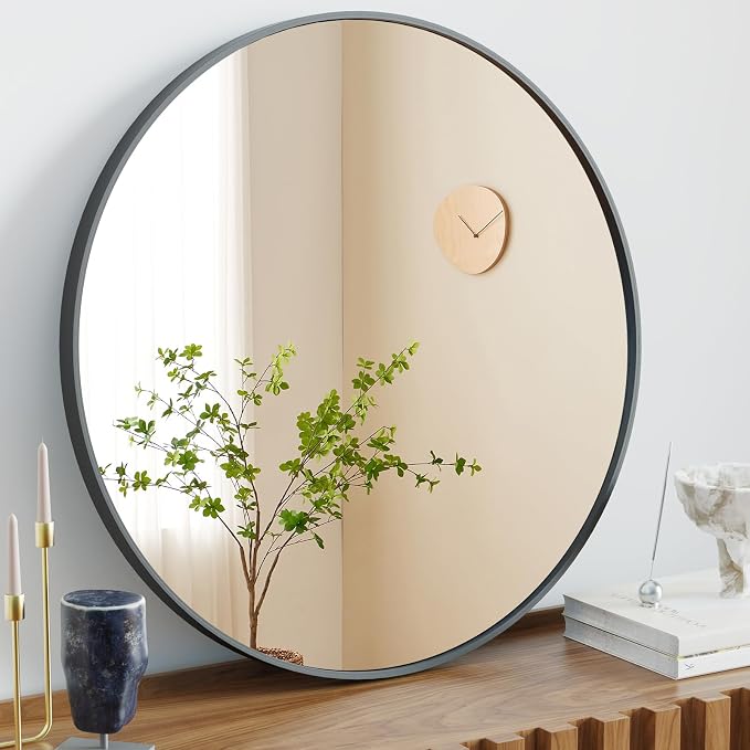 24-Inch Round Wall Mirror Shatterproof Circle Mirror with Aluminum Frame Large Decorative Mirror for Bathroom Vanity Entryway Living Room Decor Over Sink Entryway Living Room Nursery Black