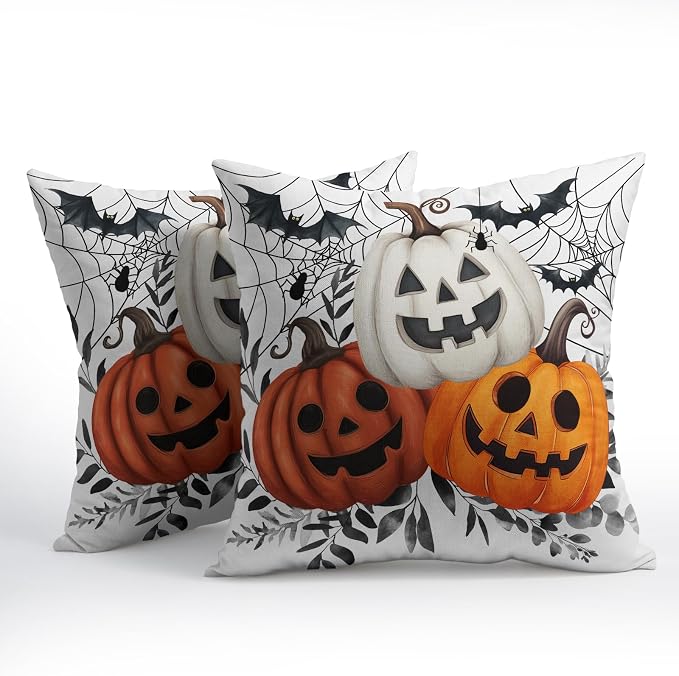 Halloween Pumpkins Throw Pillow Covers 18x18 Inch Pumpkin Jack-O-Lanterns with Black Bat Web Decorative Holiday Pillow Case Cotton Linen Fall Farmhouse Cushion Cover for Home Sofa Couch
