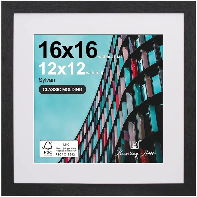 16x16 Picture Frame-Black, 12x12 Mat,Engineered Wood,Polished Plexiglass