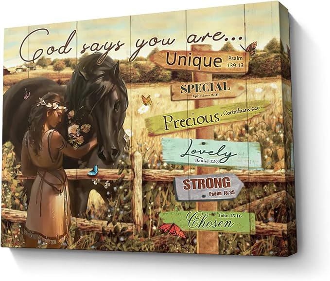 Rustic Farmhouse Horse Wall Art Horse Gifts for Girls Inspirational Spiritual Scripture Christian Picture God Says You Are Wall Decor Framed Modern Artwork for Girls Bedroom 12x16 inch