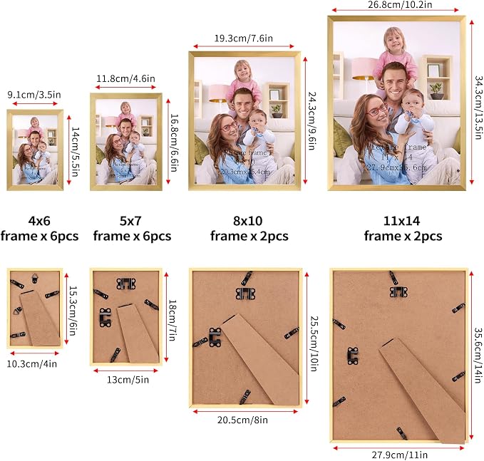 Giftgarden 16 Pack Gold Picture Frames for Multi Sizes Photos, Including Two 11x14, Two 8x10, Six 5x7, Six 4x6, Assorted Gallery Collage Frame Set for Wall or Tabletop Display, Fathers Day