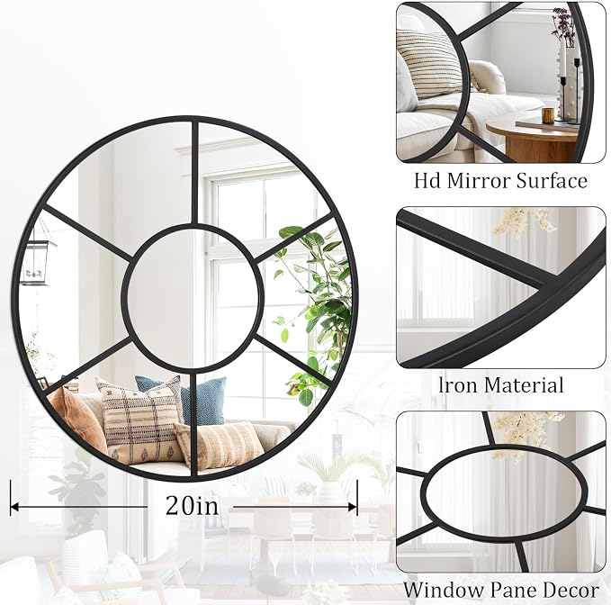 Black Circle Mirror, Round Wall Mounted Mirror Metal Framed Decorative Hanging Mirror for Bathroom Living Room Bedroom Entryway 20 Inch Decor Modern Artistic
