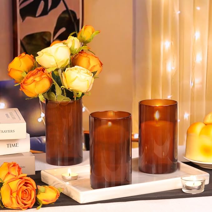 Amber Glass Cylinder Vases for Centerpieces - 6 Inch Tall Flower Vases for Wedding & Fall Decor, Floating Candle Holders for Table Centerpieces, Set of 6 Pcs