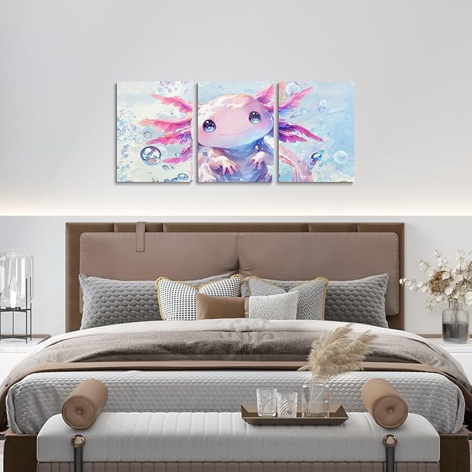 Feelyou Boys Girls Cute Axolotl Canvas Wall Art for Living Room Bedroom Ocean Sealife Wall Painting Posters and Prints Kids Kawaii Animal Picture Wall Decor Cartoon Bathroom Wall Art 12"x16"x 3Pcs