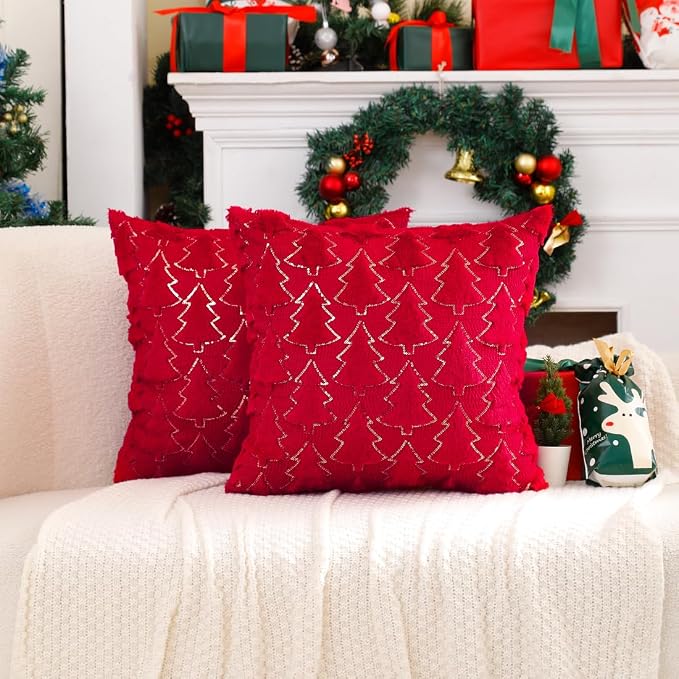 VAKADO Christmas Throw Pillow Covers 26x26 Set of 2 Embroidered Decorative Xmas Cushion Cases Holiday Soft Home Decor for Bedroom Sofa Chair Porch Winter, Red