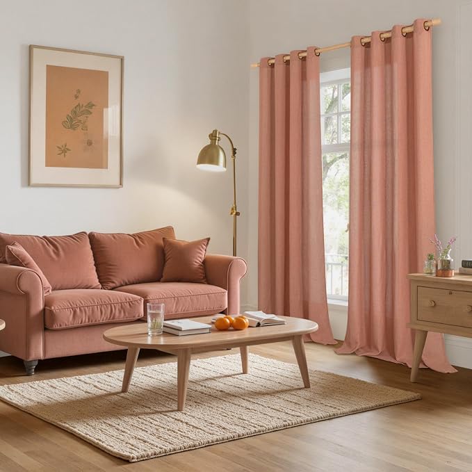 YoungsTex Terracotta Linen Curtains 90 Inch Length for Living Room, Burnt Orange Light Filtering Drapes Semi Sheer with Bronze Grommet Privacy for Bedroom, 52 x 90 Inch, 2 Panels