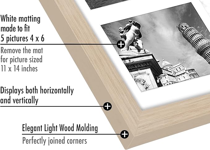 Americanflat 4x6 Collage Picture Frame with Shatter-Resistant Glass - Fits Five 4x6 Photos or Use as One 11x14 Picture Frame - Signature Collection - Collage Frames for Wall Display - Light Wood
