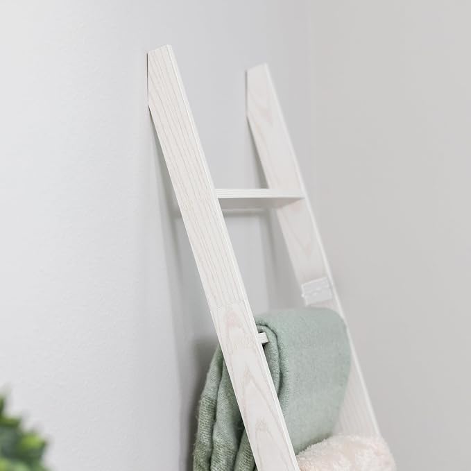 Blanket Ladder for the Living Room and Bedroom, Quilt Rack, 6-Tier, White | 5ft 8 inch, Wall Leaning Blanket Holder, Laminate Snag Free, Rustic Decorative Farmhouse Ladder Shelf for Blankets