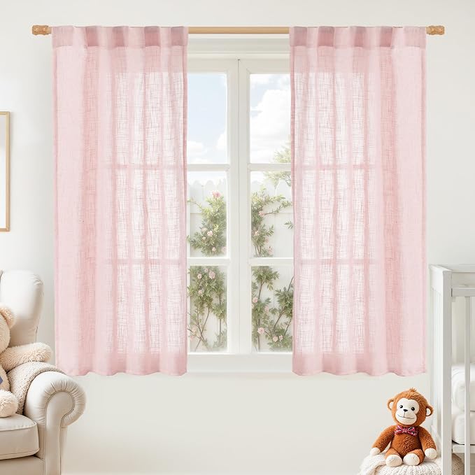 54 Inch Semi Sheer Window Linen Curtains, Light Filtering Panels | Faux Linen Textured, Rod Pocket Back Tab, Country Decor Drapes for Bedroom, Girl'Room, Pink, 2 Panels, 34 x 54 Inch