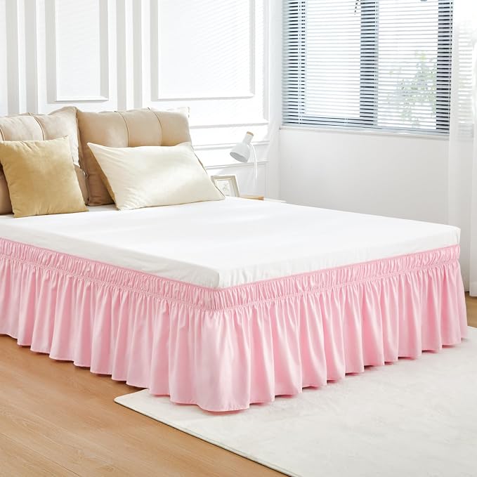 RIMELA Pink Bed Skirt Queen Size 18 Inch Drop, Elastic Bed Skirting for Bed Base and Frame, Bedding Dust Ruffle Easy to Install, Lightweight Wrap Around Adjustable Bedskirt | Solid Ruffled, Easy to Use, No Mattress Lifting, Wrinkle & Fade Resistant, wi...