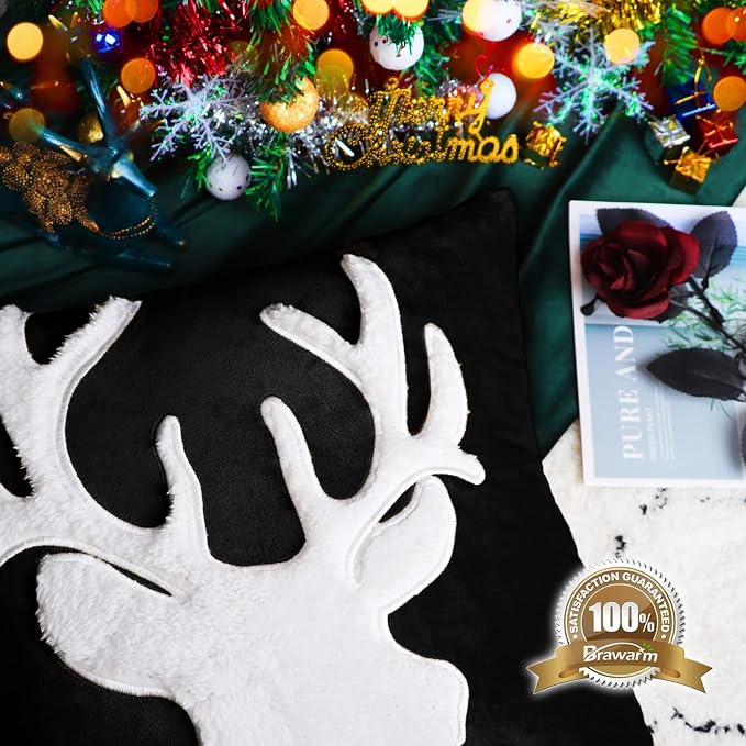 BRAWARM Christmas Pillow Cover 12 X 20 Inches, Black Reindeer Embroidered Lumbar Pillow Cover, Soft Velvet Decorative Throw Pillow for Couch Bed Sofa Living Room Home
