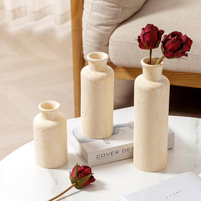 Small Flower Vase Set, Travertine Stone Look, 3 PCS, Yellow | for Pampas Grass, Farmhouse Decor, Kitchen, Living Room, Bathroom, Bedroom, Office, Shelf Centerpiece Table Decoration