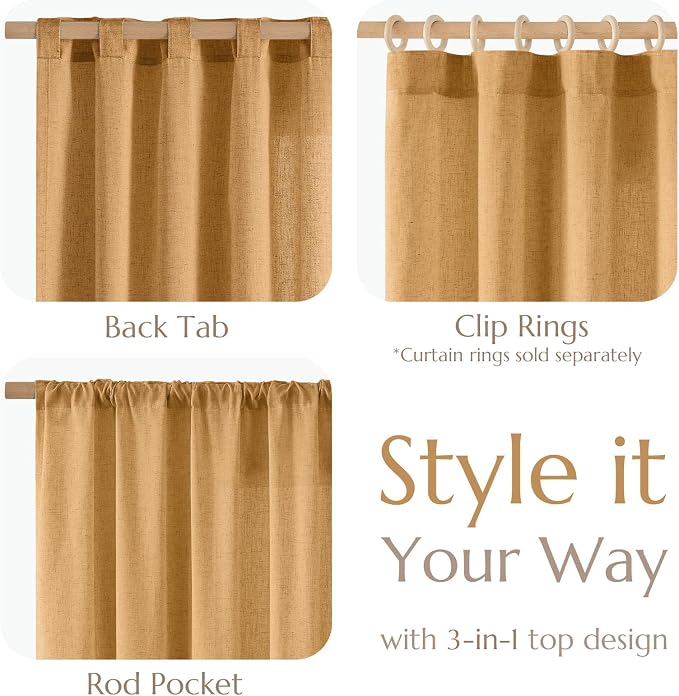 jinchan Linen Curtains Light Filtering Back Tab 50x84 Inch 2 Panels Yellow | Semi Sheer Curtains 84 inch length for Bedroom Living Room, Modern Farmhouse Drapes with Rod Pocket, Natural Boho Curtains